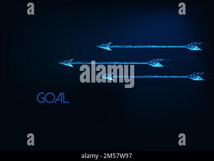 Futuristic goal concept with three glowing low polygonal moving arrows isolated on dark blue background. Modern wire frame mesh design vector illustra Stock Vector