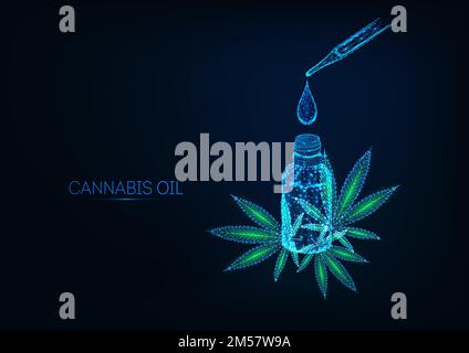 Futuristic cannabidiol, hemp oil extract concept with glowing low polygonal bottle, drop, pipette and cannabis leaves on dark blue background. Modern Stock Vector