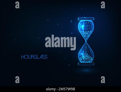 Futuristic glowing low polygonal hourglass isolated on dark blue background. Modern wire frame mesh design vector illustration. Stock Vector