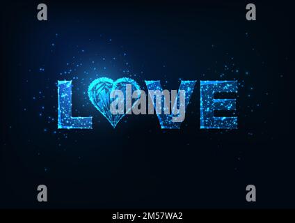 Futuristic glowing low polygonal word love with heart symbol isolated on dark blue background. Valentine day poster or web banner template. Modern wir Stock Vector