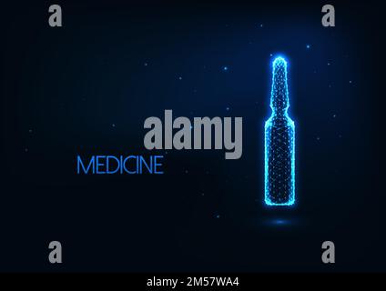 Futuristic medical treatment concept with glowing low polygonal glass ampoule with liquid medications isolated on dark blue background. Modern wire fr Stock Vector