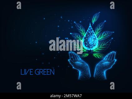 Futuristic environmentally friendly lifestyle concept with glowing low polygonal human hands holding green leaves and water drop isolated on dark blue Stock Vector