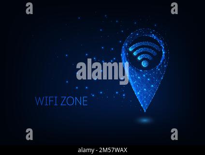 Futuristic glowing low polygonal gps and wifi symbols isolated on dark blue background. Wi-fi zone location concept. Moder wire frame mesh design vect Stock Vector