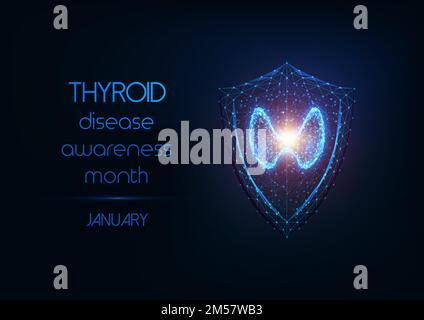Thyroid disease awareness month banner with thyroid gland and protection shield on dark blue background. Modern wire frame mesh design vector illustra Stock Vector