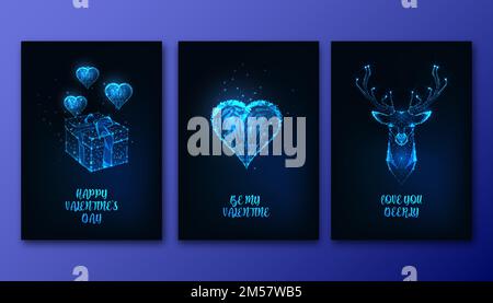 Valentines Day greeting cards set with futuristic glowing low polygonal heart, gift box, deer head and text on dark blue background. Modern wire frame Stock Vector