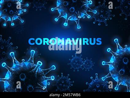 Futuristic coronavirus cells abstract background with glowing low polygonal virus cells and text on dark blue background. Immunology, virology, epidem Stock Vector