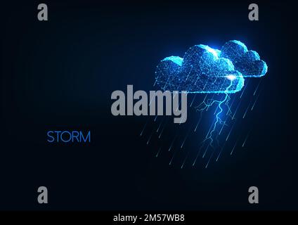 Futuristic heavy storm concept with glowing polygonal clouds, lightning and rain shower on dark blue background. Meteorology. Modern wire frame mesh d Stock Vector