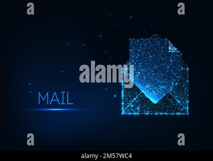 Futuristic electronic mail documentation correspondence concept with glowing low polygonal open envelope and paper document on dark blue background. M Stock Vector