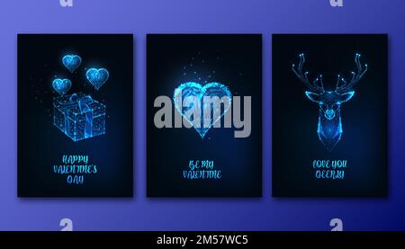 Valentines Day greeting cards set with futuristic glowing low polygonal heart, gift box, deer head and text on dark blue background. Modern wire frame Stock Vector