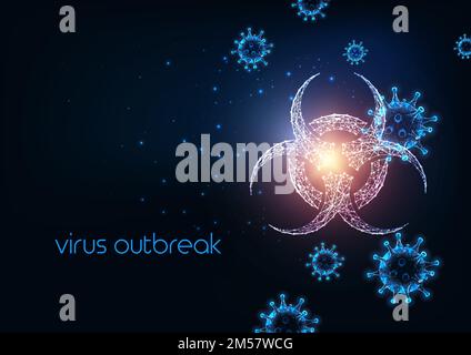 Futuristic virus outbreak concept with glowing low polygonal virus cells and biohazard symbol and copy space on dark blue background. Modern wire fram Stock Vector