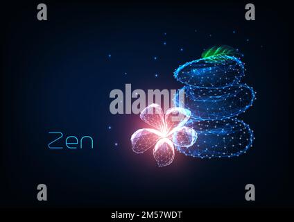 Futuristic zen concept with glowing low polygonal balancing stones, pink plumeria flower and green leaf on dark blue background. Modern wire frame mes Stock Vector