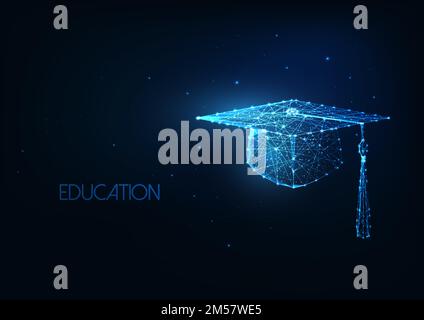 Futuristic education concept with glowing low polygonal graduation hat isolated on dark blue background. Academic study, online learning banner. Moder Stock Vector