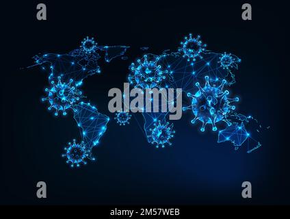 Futuristic coronavirus spread over the world concept with glowing low polygonal virus cells and world map on dark blue background. Modern wire frame m Stock Vector