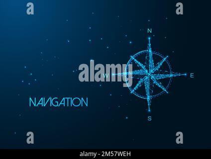Futuristic navigation concept with glowing low polygonal compass rose isolated on dark blue background. Modern wire frame mesh design vector illustrat Stock Vector