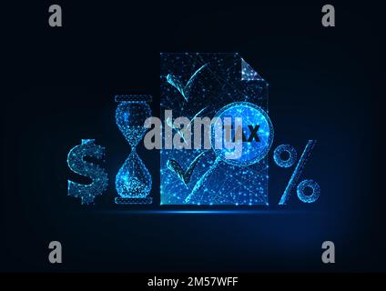 Futuristic Tax report preparation time concept with glowing low polygonal document, hourglass, dollar and percentage signs on dark blue background. Mo Stock Vector