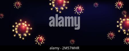 Futuristic Corona virus web banner template with glowing low polygonal yellow and red virus cells on dark purple background. Virus pandemic alert. Mod Stock Vector
