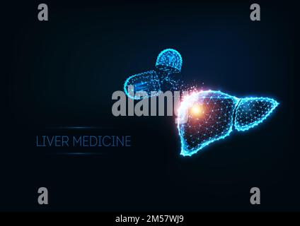Futuristic liver medical treatment concept with glowing low polygonal human liver and capsule pills on dark blue background. Hepatitis medication. Mod Stock Vector