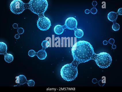 Futuristic science web banner template with glowing low polygonal water structural molecules on dark blue background. Modern wire frame mesh design ve Stock Vector