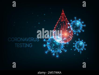 Futuristic covid-19 coronavirus diagnostic concept with glowing low polygonal virus cells and blood test drop isolated on dark blue background. Modern Stock Vector