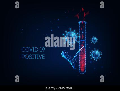 Futuristic covid-19 coronavirus diagnostic concept with glowing low polygonal laboratory testing equipment, positive check mark and virus cells on dar Stock Vector