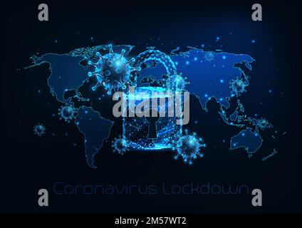 Futuristic global lockdown due to coronavirus COVID-19 disease with glowing low polygonal virus cells, padlock and world map on dark blue background. Stock Vector