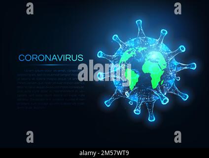 Futuristic coronavirus covid-19 spread over the world concept with glowing low polygonal virus cell surrounding earth globe on dark blue background. M Stock Vector