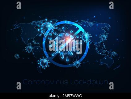 Futuristic global lockdown due to coronavirus COVID-19 disease with glowing low polygonal virus cells, padlock and world map on dark blue background. Stock Vector
