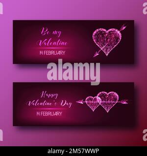 Valentines Day web banners set with glowing low poly hearts with arrows, on dark red background. Modern wire frame mesh design vector illustration. Stock Vector