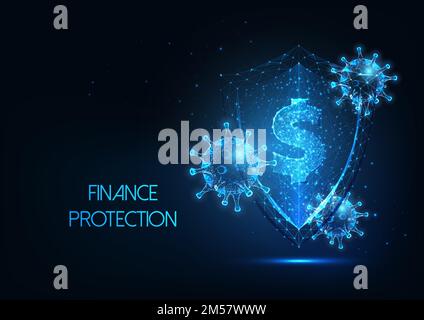 Finance protection during economic crisis caused by coronavirus pandemics quarantine concept with glowing low polygonal defence shield, dollar sign an Stock Vector