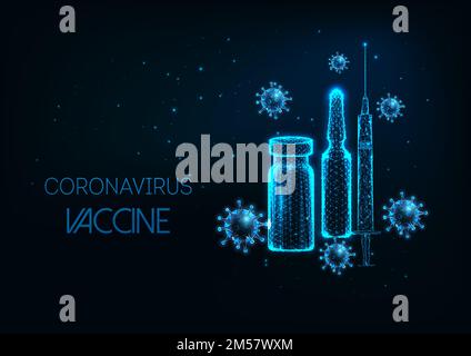 Futuristic Coronavirus Covid-19 vaccine concept with glowing low polygonal ampules, syringe and virus cell on dark blue background. Modern wire frame Stock Vector