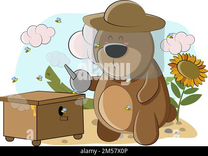 beekeeper looking after his bees in illustration Stock Vector