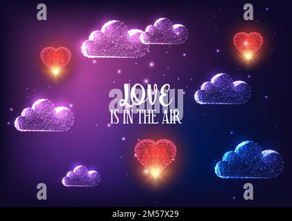 Futuristic Valentines day banner concept with glowing low polygonal clouds, red flying hearts and text Love is in the air on dark purple background. M Stock Vector