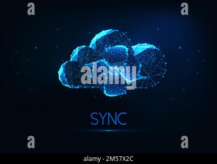Futuristic cloud synchronization concept with glowing low polygonal cloud with refresh symbol isolated on dark blue background. Modern wire frame mesh Stock Vector