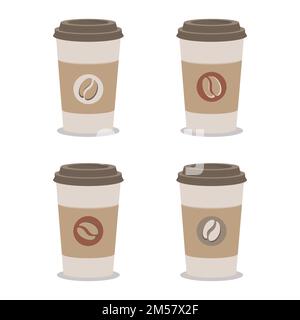 Collection of takeaway coffee cups made of flat paper with coffee beans Stock Vector