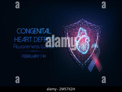 Futuristic Congenital heart defect awareness week concept with glowing low polygonal hologram of human anatomical heart, protection shield and ribbon Stock Vector