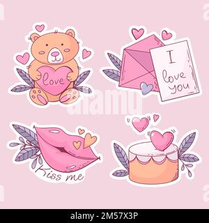 valentines day stickers cake envelope teddy bear and lips Stock Vector