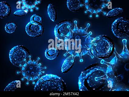 Futuristic viral infection concept with glowing low polygonal coronavirus cells and red blood cells on dark blue background. Immunology, virology, epi Stock Vector