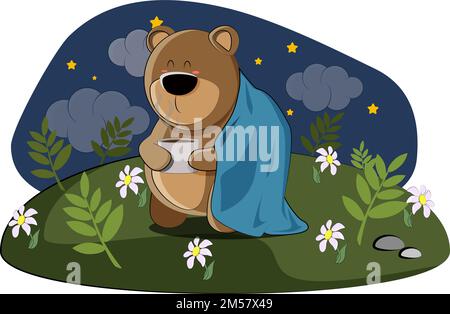 the teddy bear decided to drink hot chocolate on a cool day and covered himself with a blanket Stock Vector