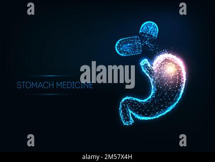 Futuristic stomach medicine concept with glowing low polygonal human stomach and capsule pills isolated on dark blue background. Modern wire frame mes Stock Vector