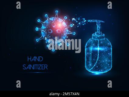 Futuristic glowing low polygonal hand sanitizer bottle against coronavirus banner on dark blue background. Modern wire frame mesh design vector illust Stock Vector