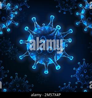 Futuristic Coronavirus 2019-nCoV, Covid-19 seamless pattern with glowing low polygonal virus cells on dark blue background. Virus pandemic alert. Mode Stock Vector