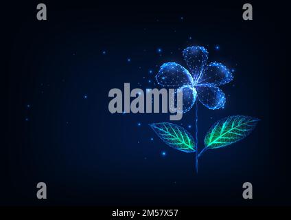 Futuristic glowing low polygonal flower isolated on dark blue background. Modern wire frame mesh design vector illustration. Stock Vector