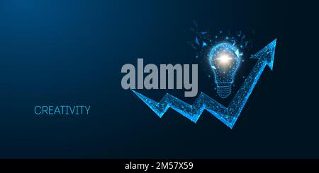 Futuristic creative idea, business strategy, success concept with glowing low polygonal light bulb and arrow chart isolated on dark blue background. M Stock Vector