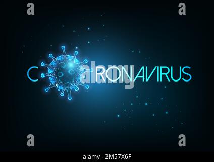 Futuristic Coronavirus, Covid-19 inscription web banner template with glowing low polygonal virus cells on dark blue background. Virus pandemic alert. Stock Vector