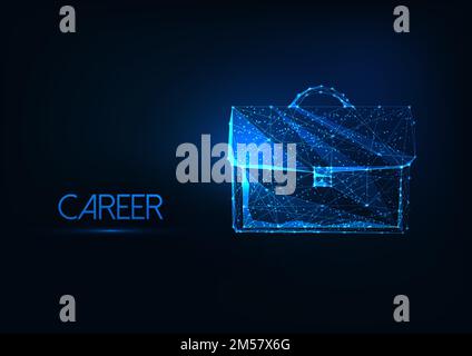 Futuristic business career concept with glowing low polygonal brief case isolated on dark blue background. Modern wire frame mesh design vector illust Stock Vector