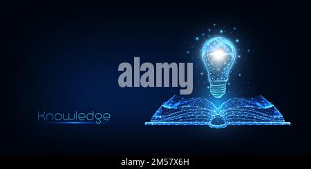 Futuristic knowledge, inspiration, creative thinking concept with glowing low polygonal book and electric light bulb on dark blue background. Modern w Stock Vector