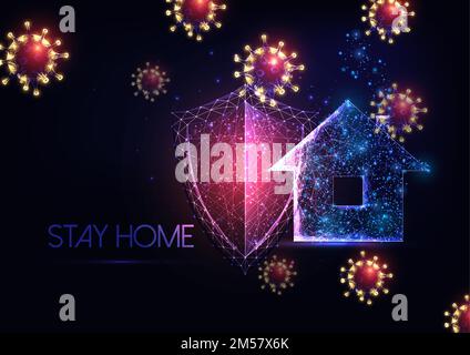 Futuristic stay at home during coronavirus outbreak concept with glowing low polygonal virus cells, protection umbrella and residential house isolated Stock Vector