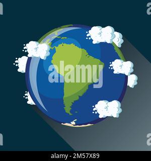 South America map on planet Earth, view from space. South America globe icon. Planet Earth globe map with blue ocean, green continents and clouds arou Stock Vector