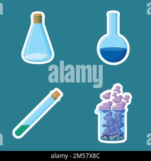 Chemical equipment stickers isolated on blue background. Closed cone and open round flasks with powder and liquid, test tube, beaker with crystals and Stock Vector