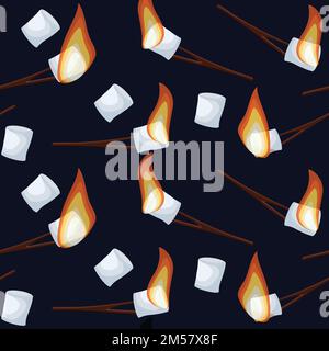 Roasting marshmallows seamless pattern isolated on dark blue night sky background. Cartoon vector illustration in flat style. Stock Vector